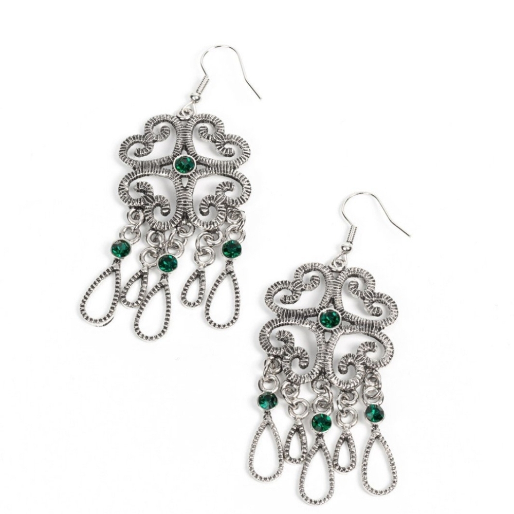 Paparazzi Silver Green Chandelier Earrings Whimsical Hearts Dainty Emeralds